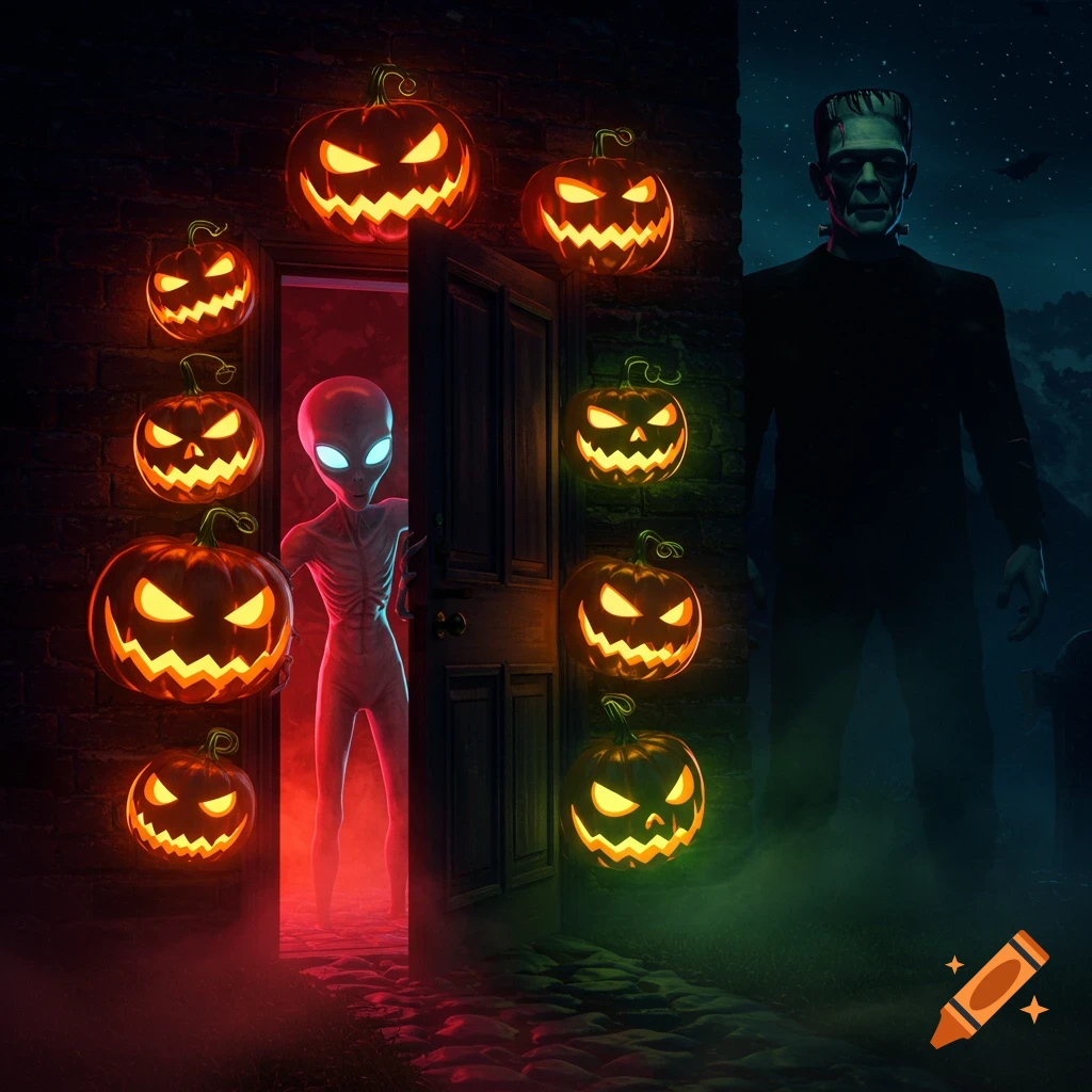 Alien peeking from a door with glowing jack-o'-lanterns, Frankenstein nearby on a dark Halloween night.