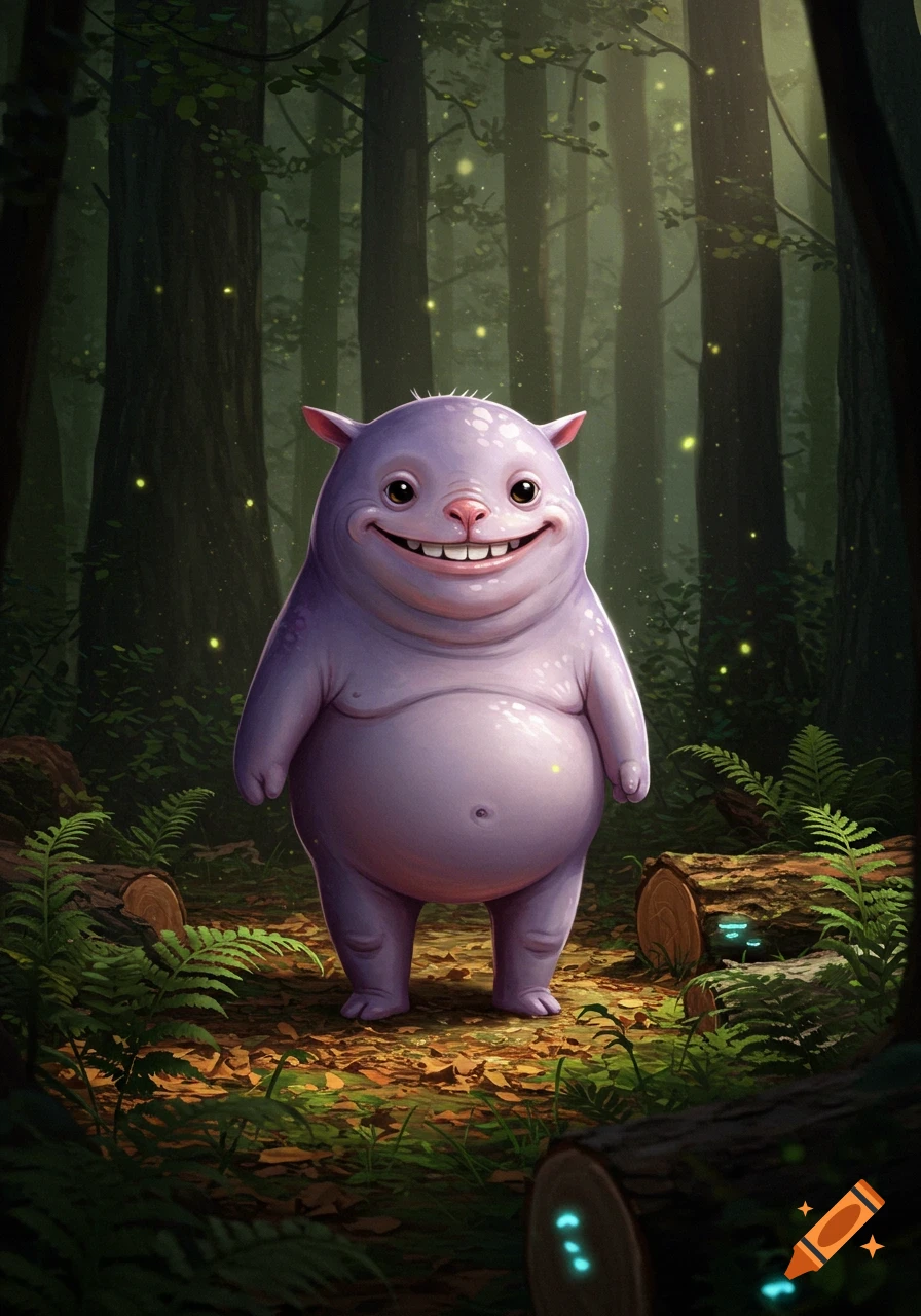 A chubby, smiling purple creature with small ears and short legs stands in a magical forest with glowing fireflies, digital art.