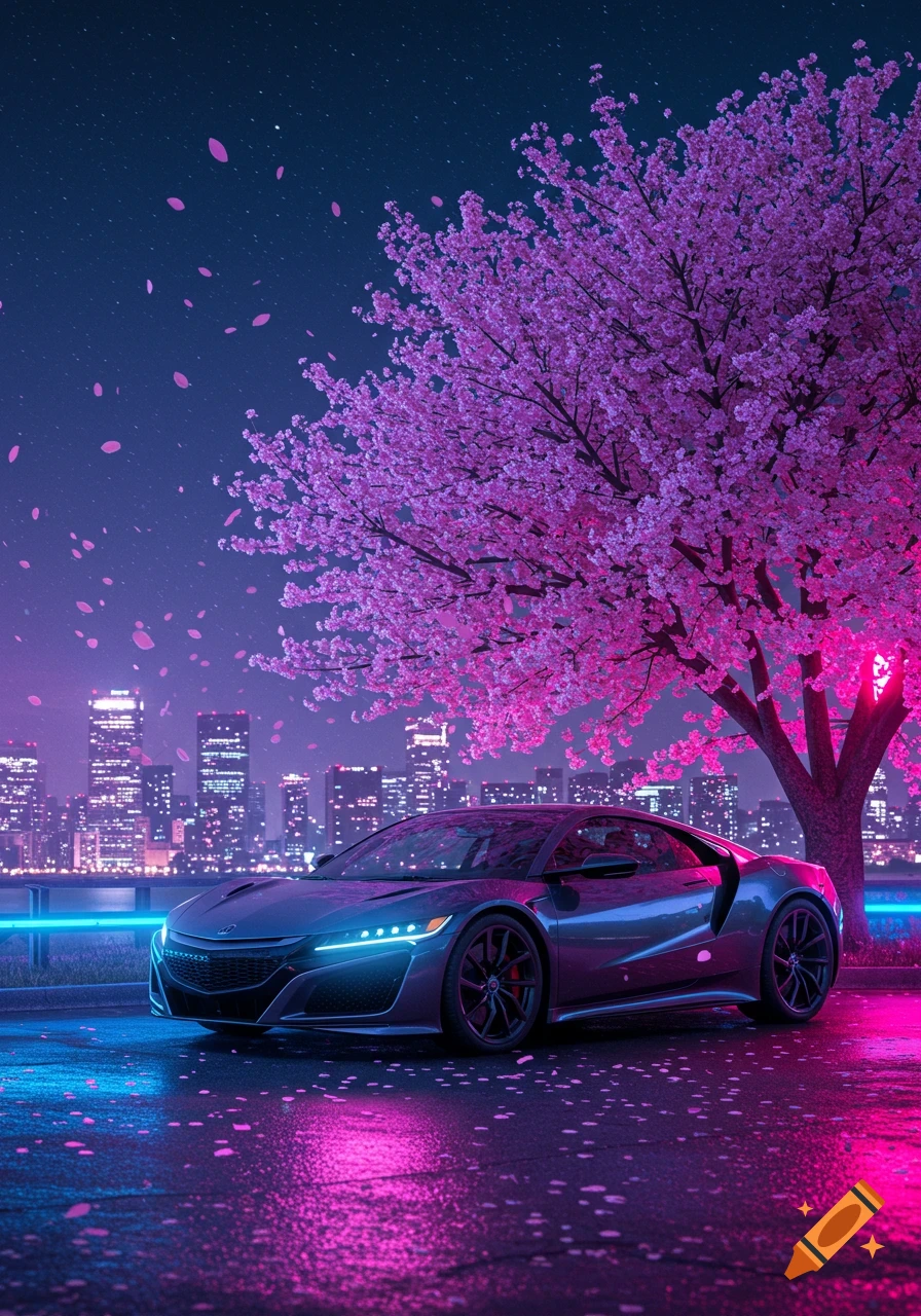 Synthwave style 2022 Acura NSX parked on a wet street with falling pink sakura petals, glowing city skyline at night.