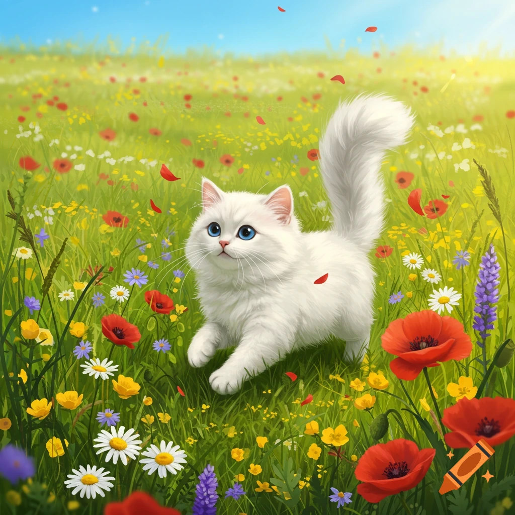 A cute, fluffy white cat with bright blue eyes runs through a vibrant field of colorful wildflowers under a sunny blue sky. Illustrated.