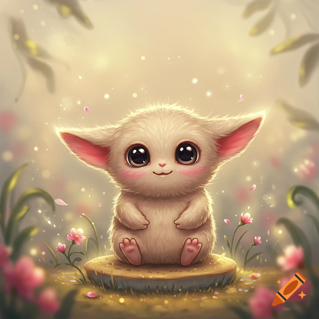A fluffy, big-eyed, cartoon-style creature with large ears and pink cheeks sits on a stone in a magical, glowing garden with pink flowers.