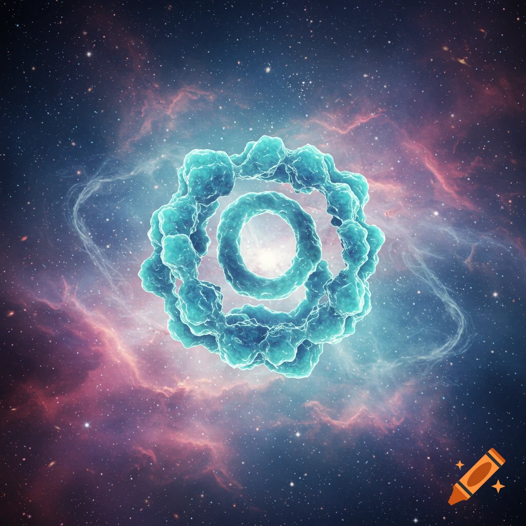 A glowing, teal, molecular-like structure floats in a starry cosmic background with pink and blue nebulae.
