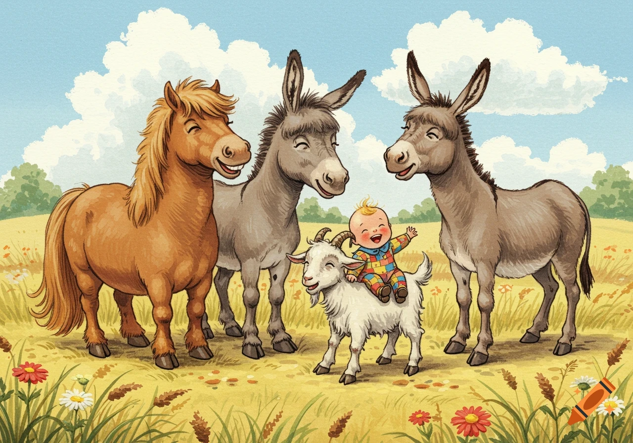 Thelwell style illustration of a happy toddler riding a goat in a grassy field, surrounded by two smiling donkeys and a horse.