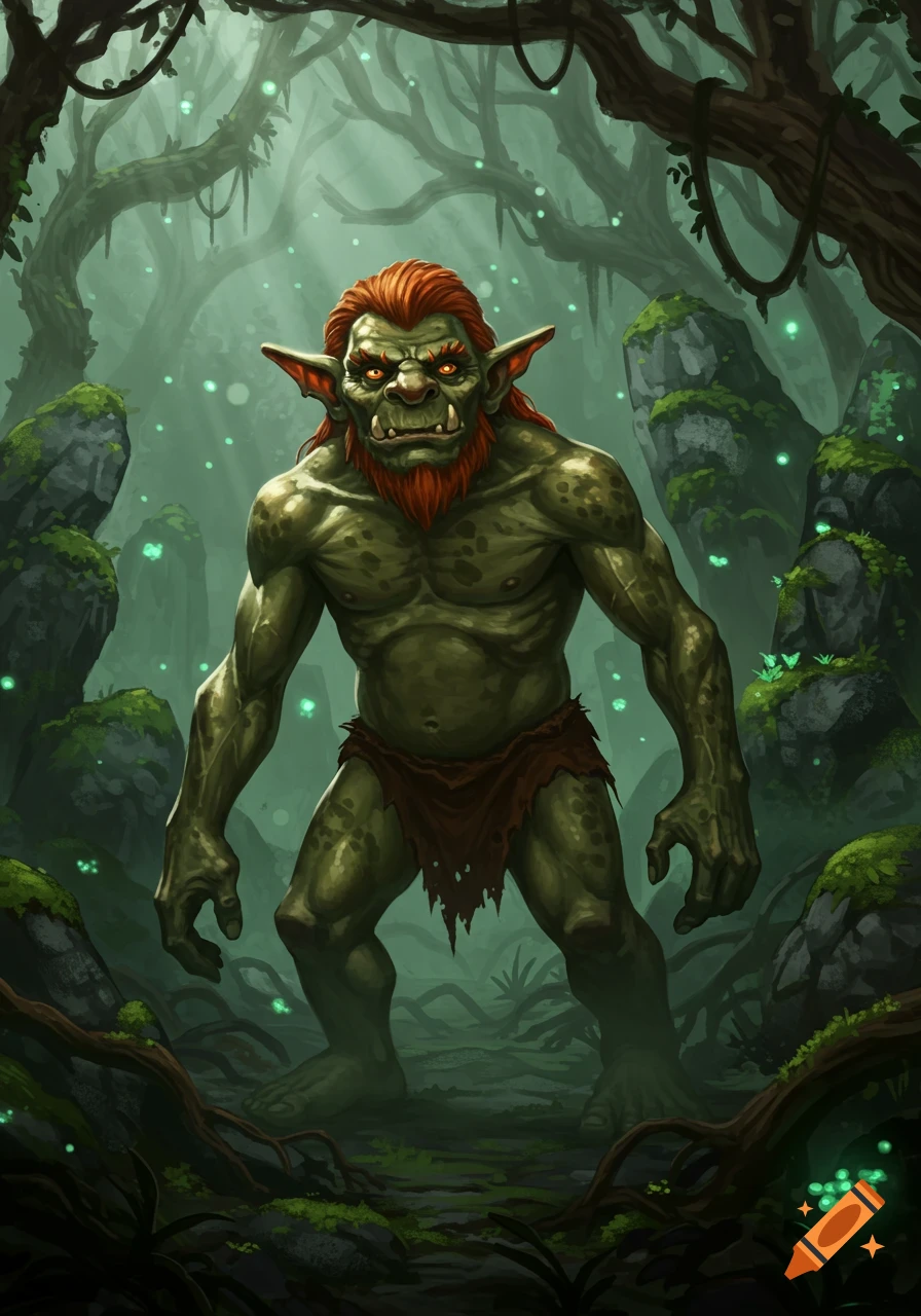 A green-skinned, red-haired D&D style troll with glowing eyes stands in a mystical, mossy forest.