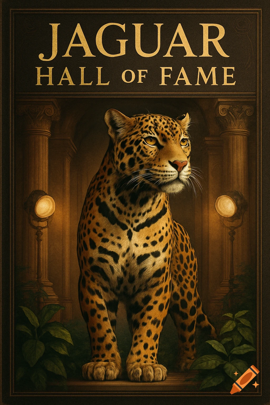 A majestic jaguar is centered in a vintage-style 'Jaguar Hall of Fame' poster, featuring classical columns and warm spotlights.