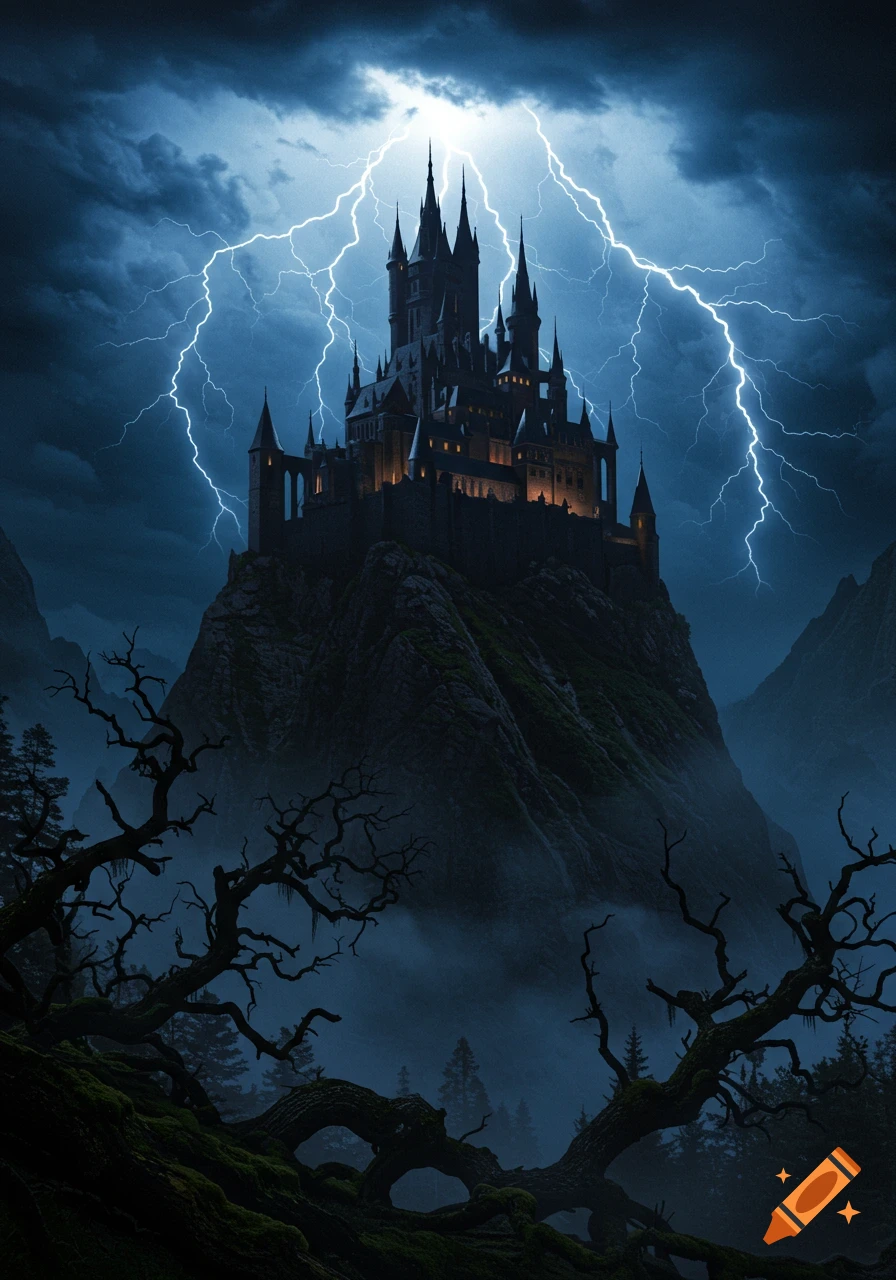 A majestic, dark gothic castle on a mountain peak, lit by lightning flashes in a stormy sky, with gnarled trees in the foreground.