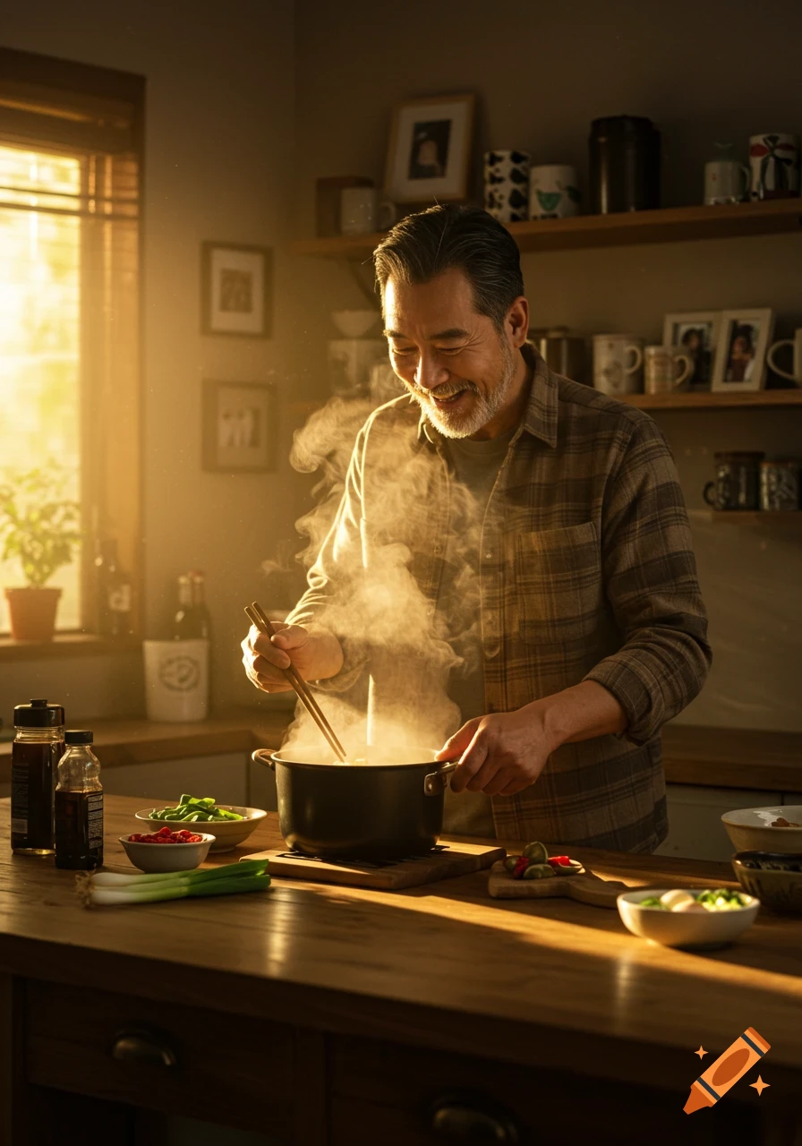 A smiling older man in a sunlit kitchen stirring a steaming pot of ramen with chopsticks, with ingredients on the counter.