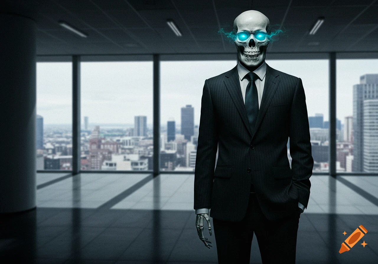 A skeleton in a pinstripe business suit with glowing blue eyes stands in a modern office overlooking a city.