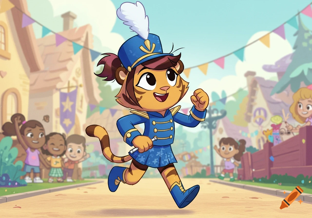 A cheerful cartoon tiger in a blue marching band uniform runs down a street, past cheering children in a vibrant town.