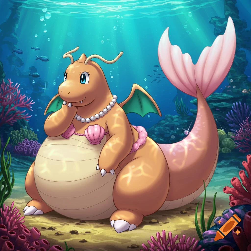 Anime Dragonite with pink mermaid tail and seashell bra, pearl necklace, lying underwater on the sea floor amidst coral and fish.