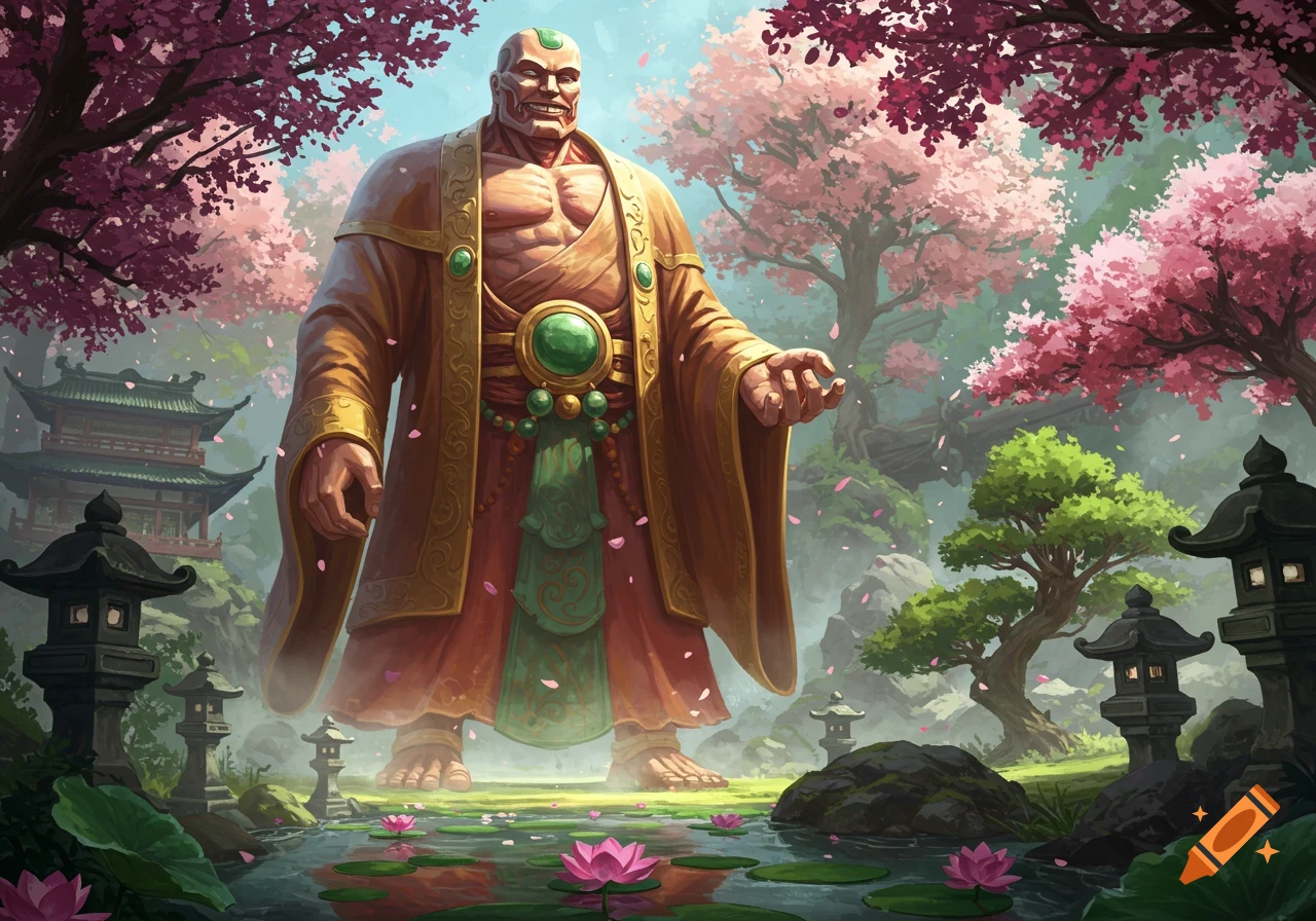 Giant muscular Budai Buddha-like figure in a vibrant Asian garden with pink cherry blossoms, pagoda, and lotus flowers.