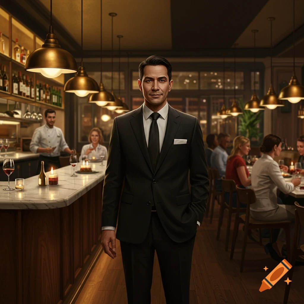 A photorealistic man in a dark suit, a restaurant manager, stands in a warmly lit upscale restaurant with bar and dining areas.