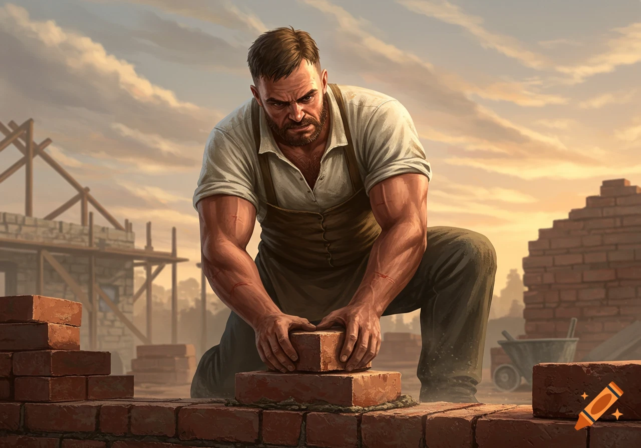 A muscular man in work clothes intently lays bricks at a construction site under a cloudy sky.