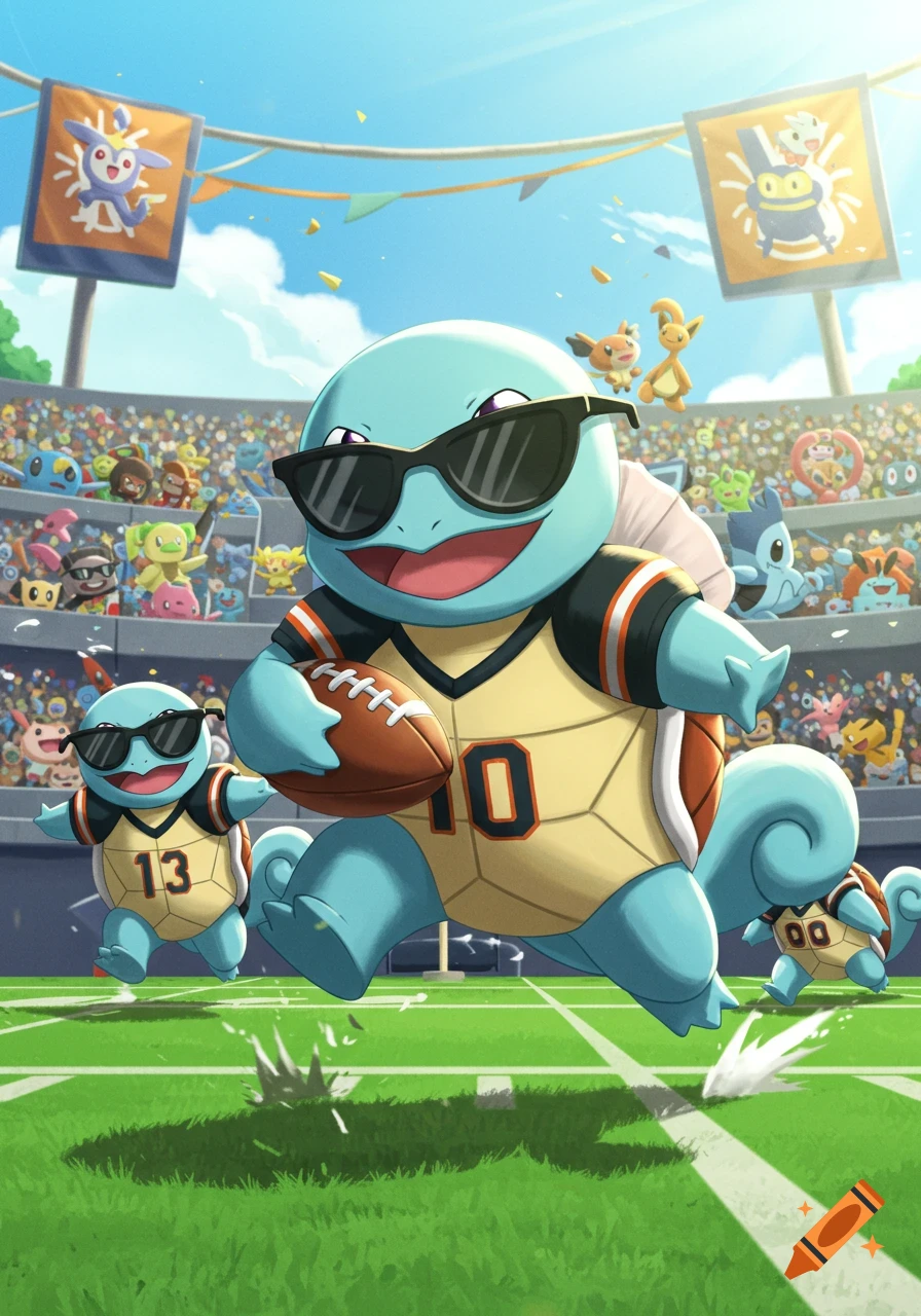 Cartoon Squirtle Squad characters in sunglasses and football jerseys run with a football in a crowded stadium.