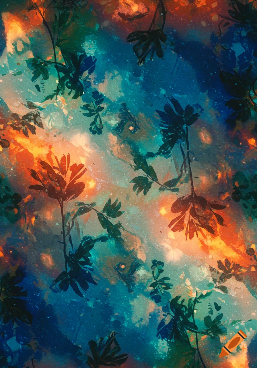 Vibrant abstract pattern with dark plant silhouettes against swirling orange and blue watercolor-like textures.