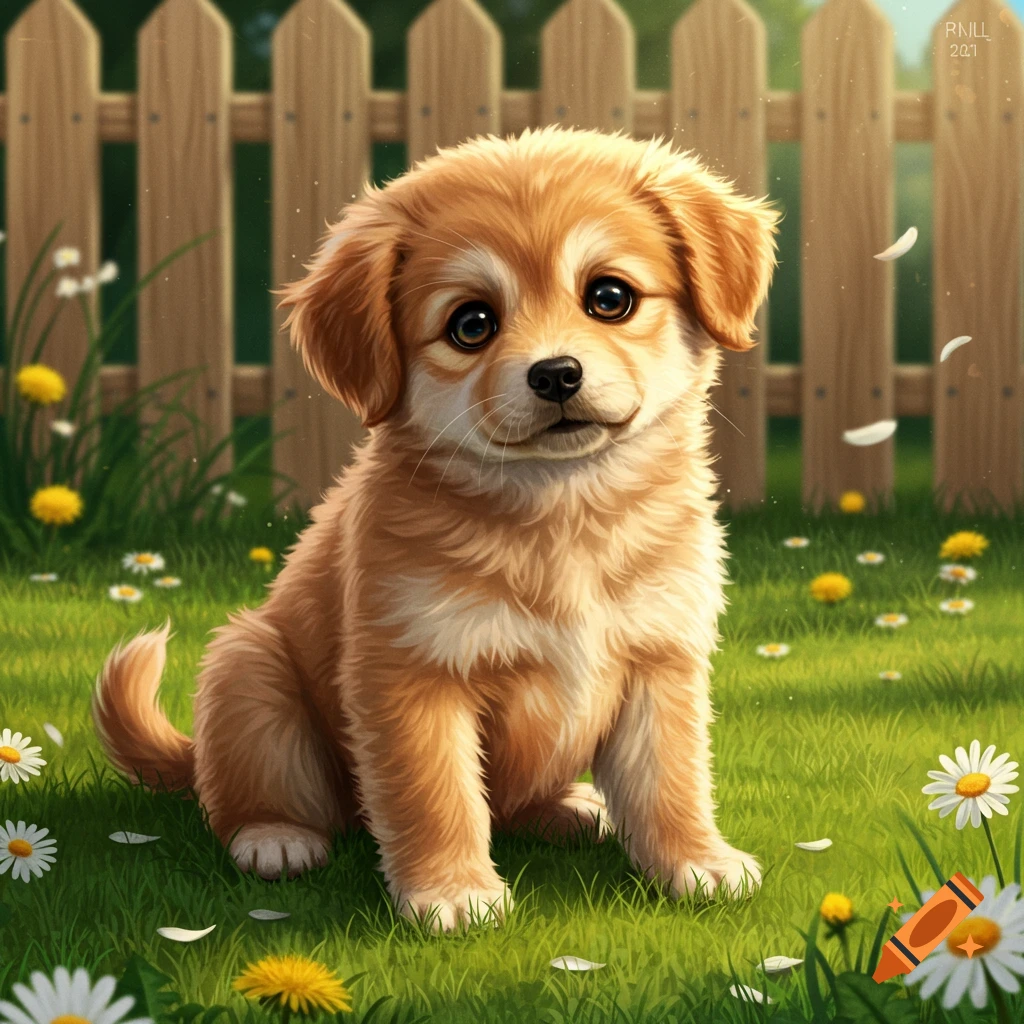 A cute, fluffy golden puppy sits in a sunny green garden with daisies and a wooden fence in the background.