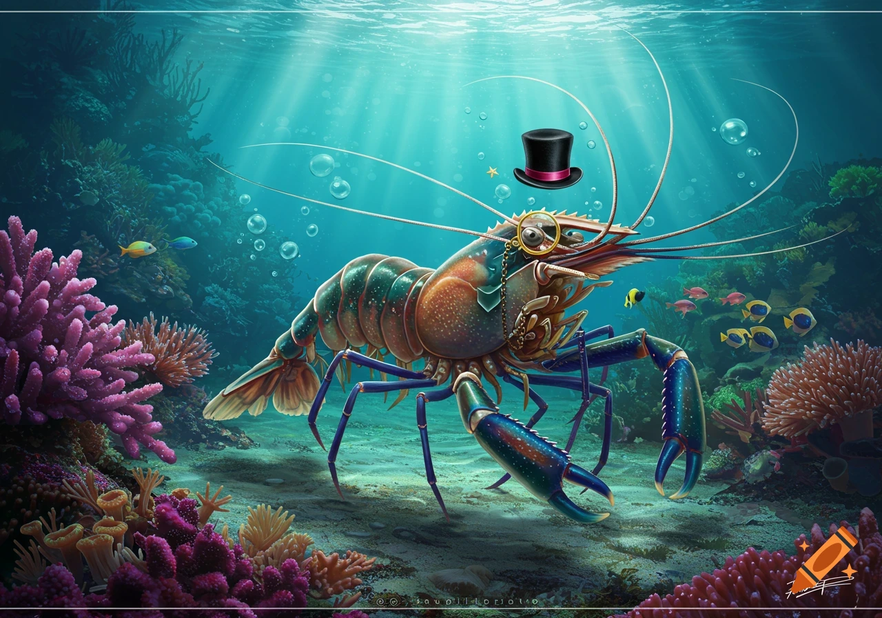 A fancy shrimp in a top hat and monocle stands on the ocean floor surrounded by colorful coral and fish.