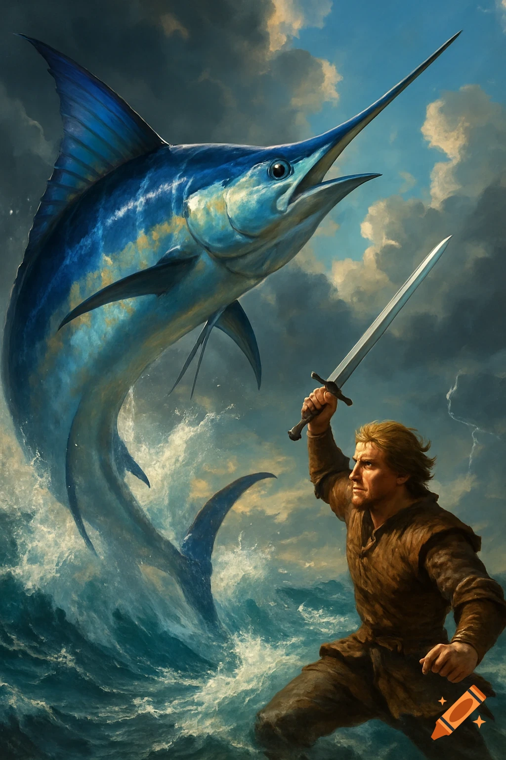 A muscular man with a sword battles a giant blue marlin leaping from stormy seas in a dramatic digital painting.