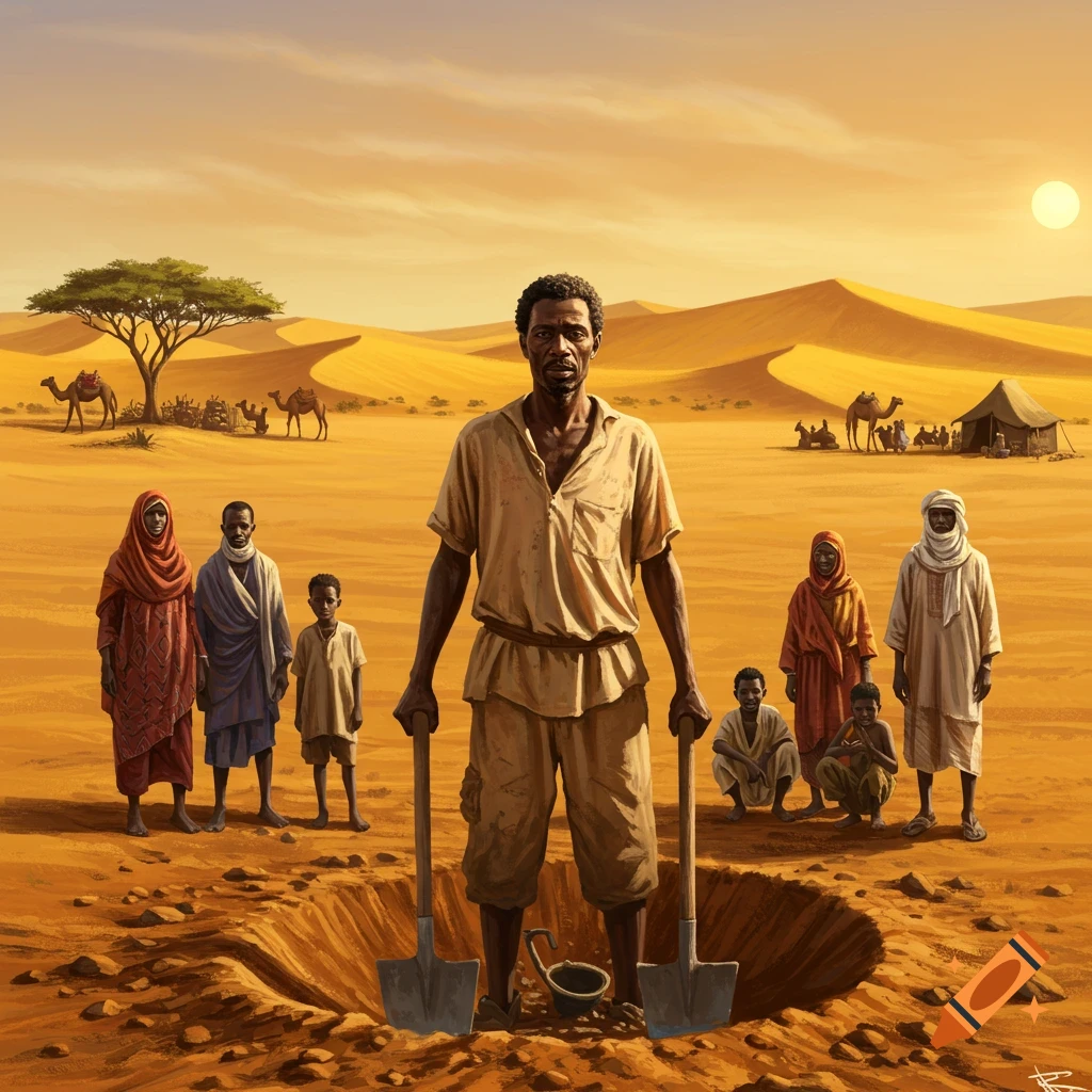 A man with shovels stands in a newly dug well in a desert, surrounded by other people, dunes, and camels under a sunny sky.