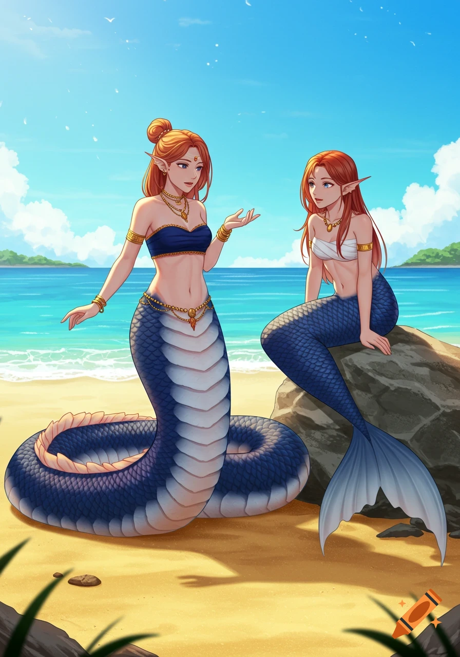 An anime-style naga woman stands and a mermaid sits on rocks, conversing on a sunny tropical beach.