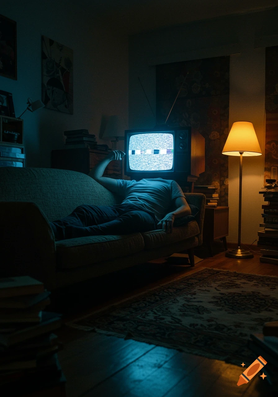 A man with a static-filled television for a head lies on a sofa in a dark, moody living room, illuminated by the TV and a floor lamp.