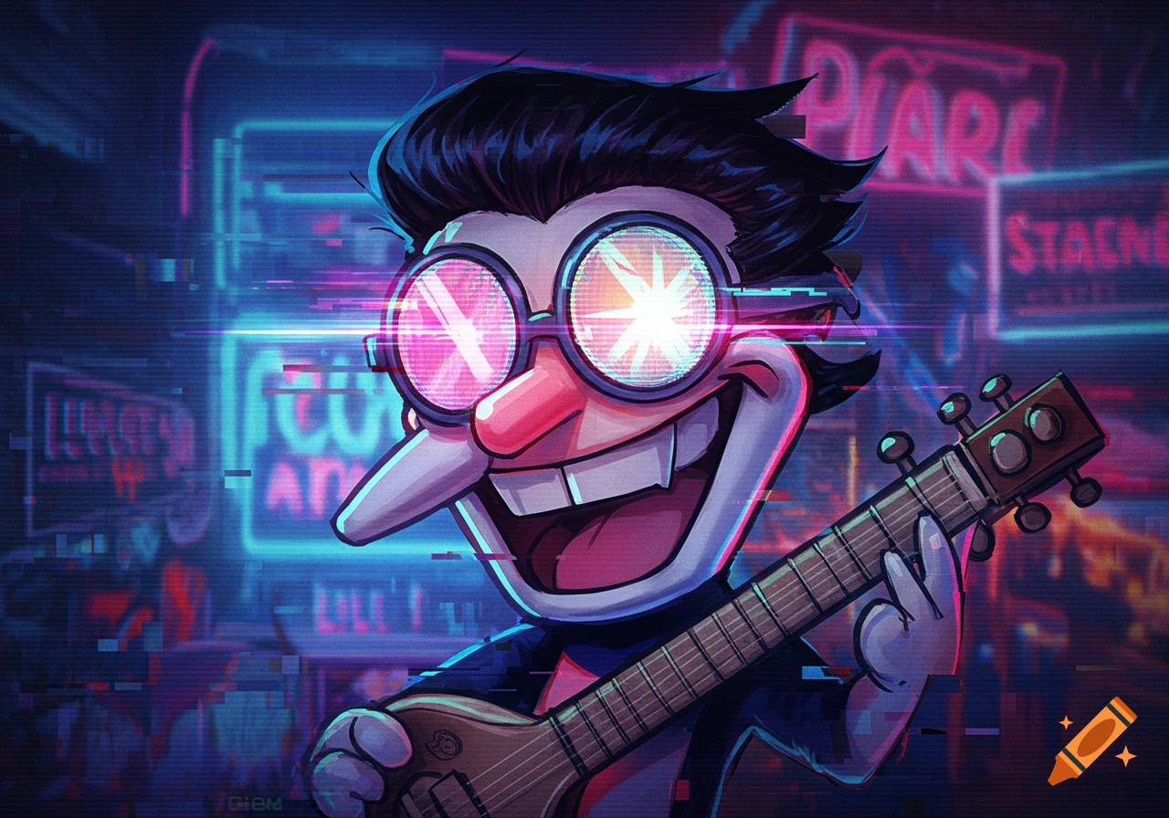 Stylized image of Spamton from Deltarune playing a guitar in a neon-lit, glitchy cyberpunk city.