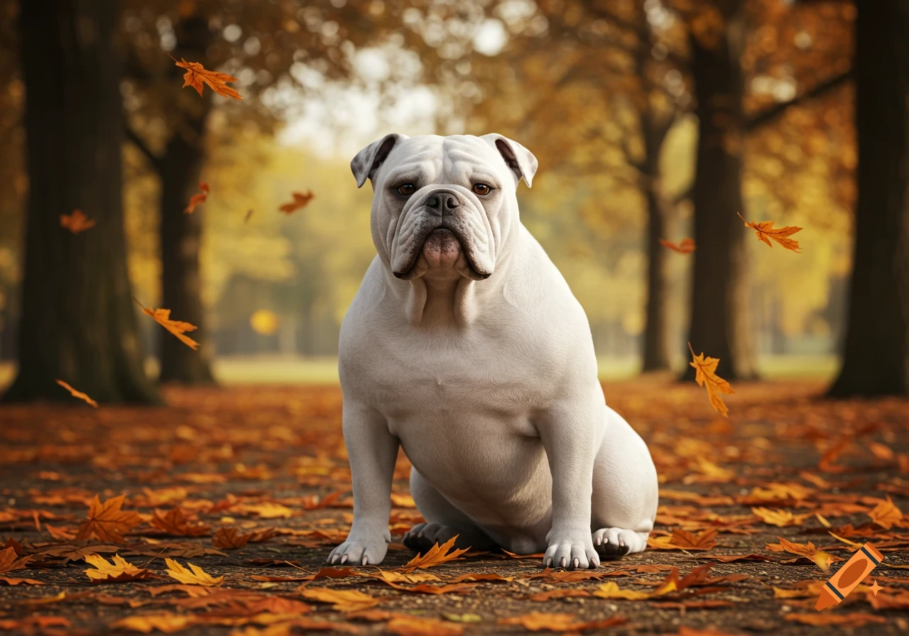 A white bulldog sits among fallen orange leaves in an autumn park with trees in the background.