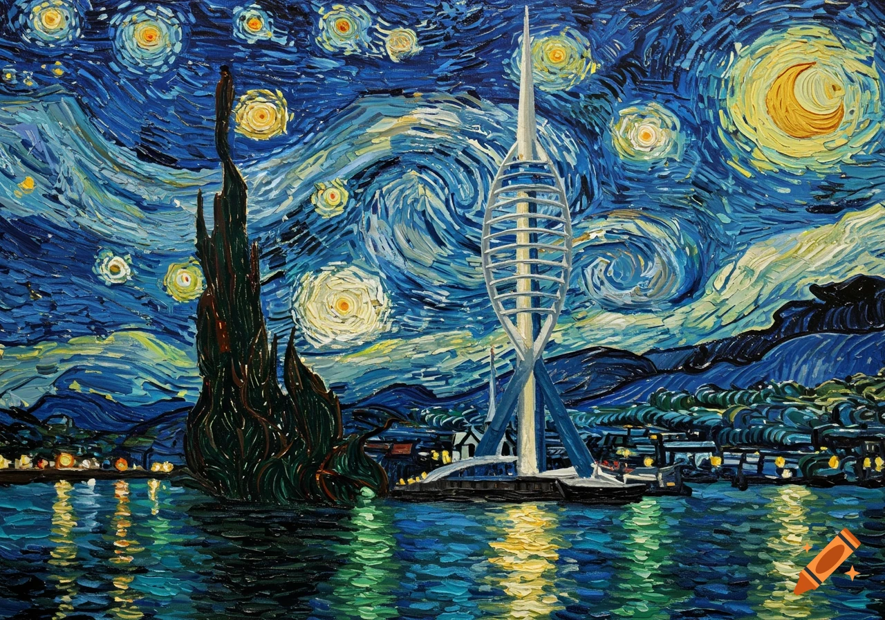 Van Gogh-style painting of Spinnaker Tower at night, with swirling blue sky, bright stars, a crescent moon, and water reflections.