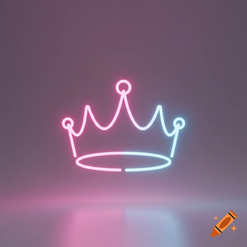 A glowing neon outline of a crown, split with pink and blue light, against a dark purple background with a subtle reflection.