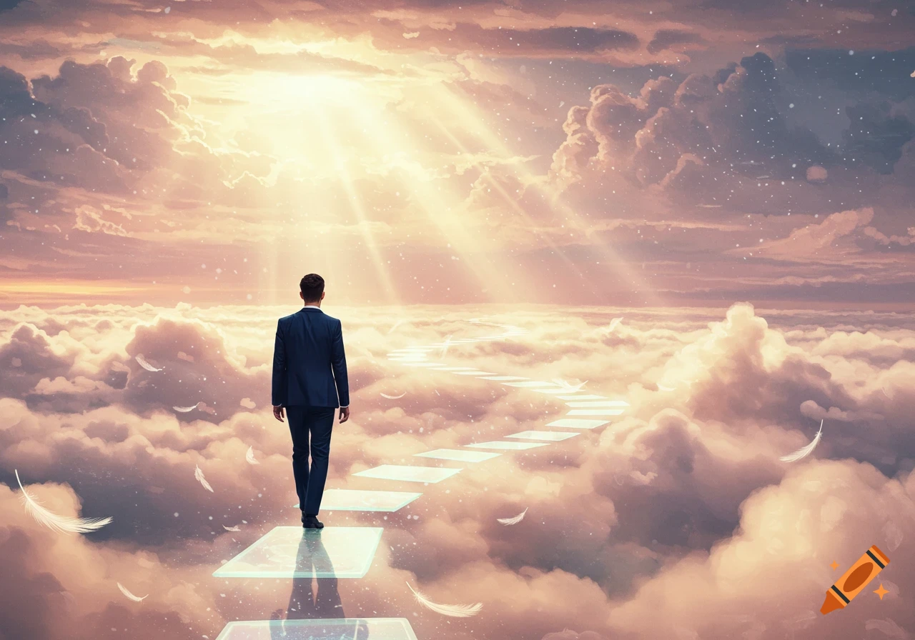 A man in a suit walks on a glowing path above soft, sunlit clouds with feathers floating, suggesting a heavenly ascent.