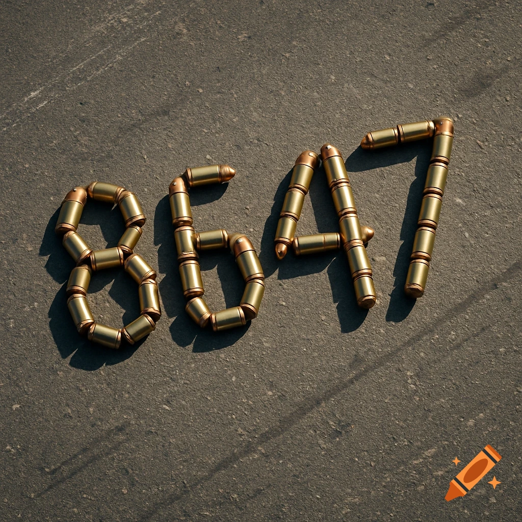 9mm bullet cartridges arranged on a gray pavement to spell out the number 8647.