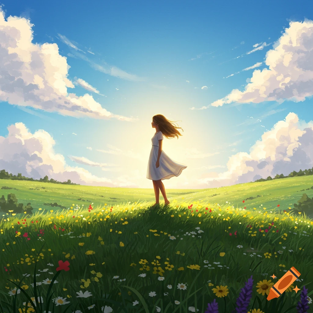 An illustrated girl in a white dress stands on a sunlit hill with wildflowers under a blue sky.