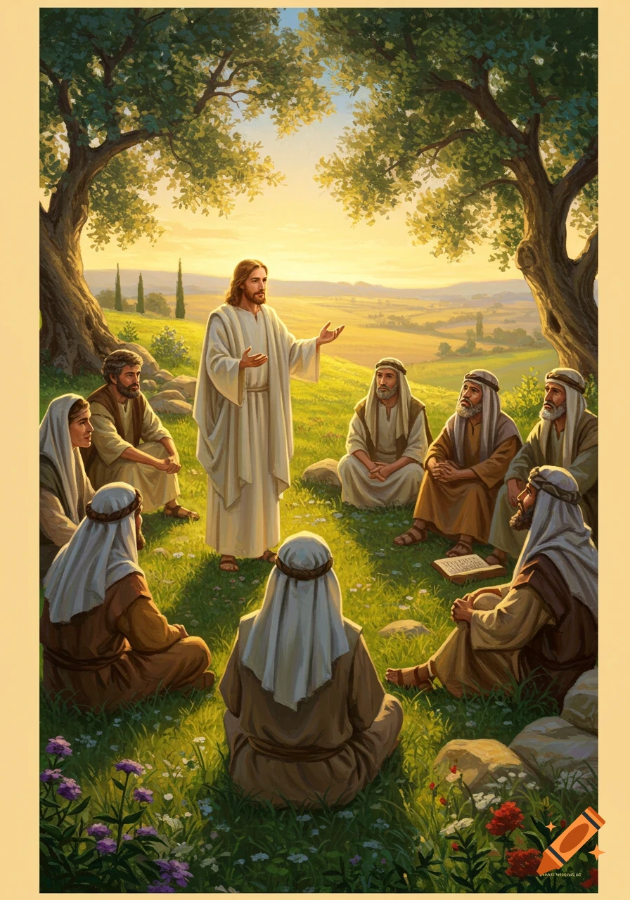 Jesus teaches a group of disciples seated on a grassy hill under trees during sunset, in a vibrant illustration style.