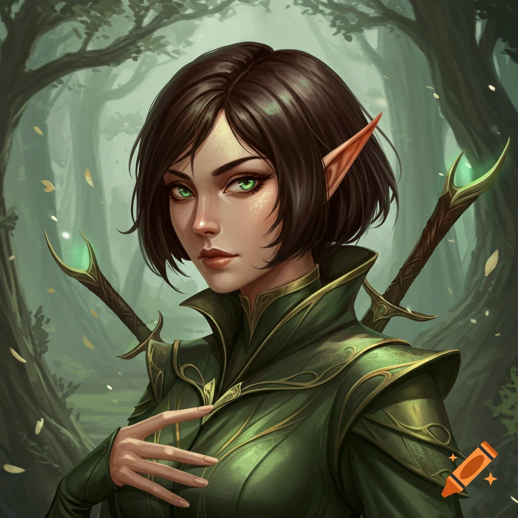Digital art portrait of an elf with green eyes, short brown hair, wearing green armor, with swords on her back, in a forest.