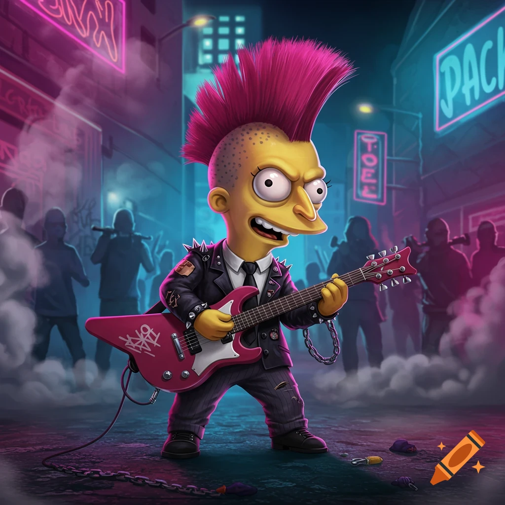Mr. Burns as a punk rocker with a pink mohawk plays a pink electric guitar on a neon-lit city street.