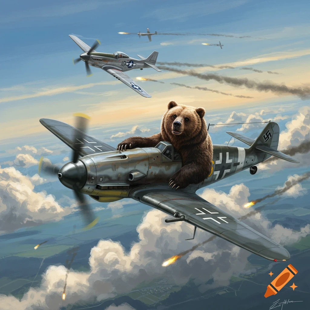 A brown bear pilots a German Bf 109 fighter plane, firing at a P-51 Mustang in a dramatic aerial dogfight amidst clouds.