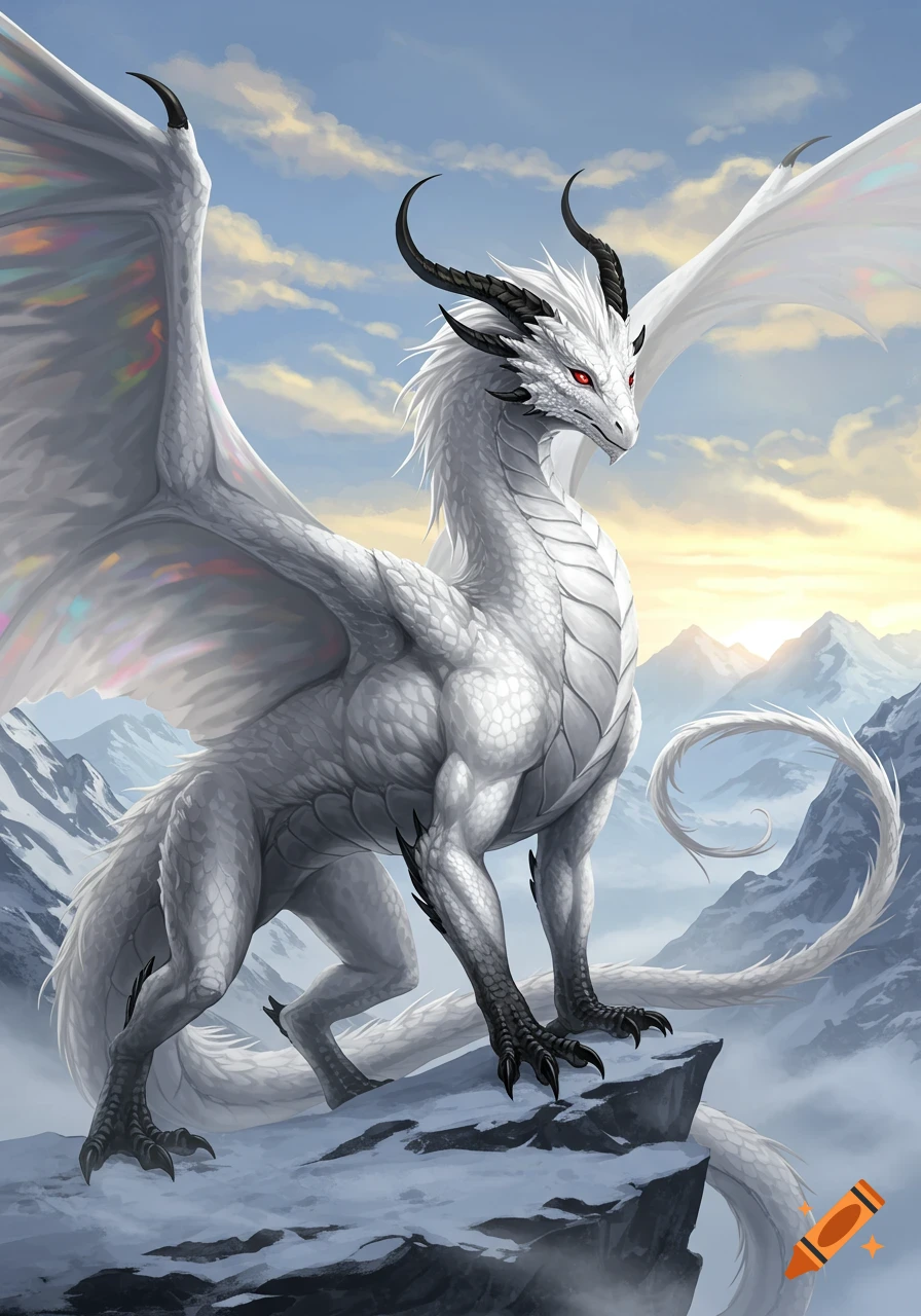 A majestic white dragon with red eyes, black horns, and iridescent wings stands atop a snowy mountain peak at sunrise.