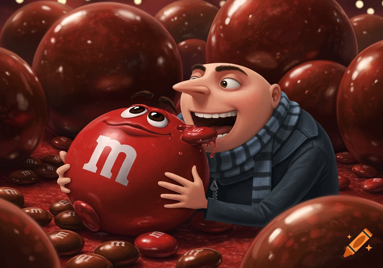 Gru, a bald man with a large nose, gleefully licks a giant red M&M character in a surreal, candy-filled landscape.