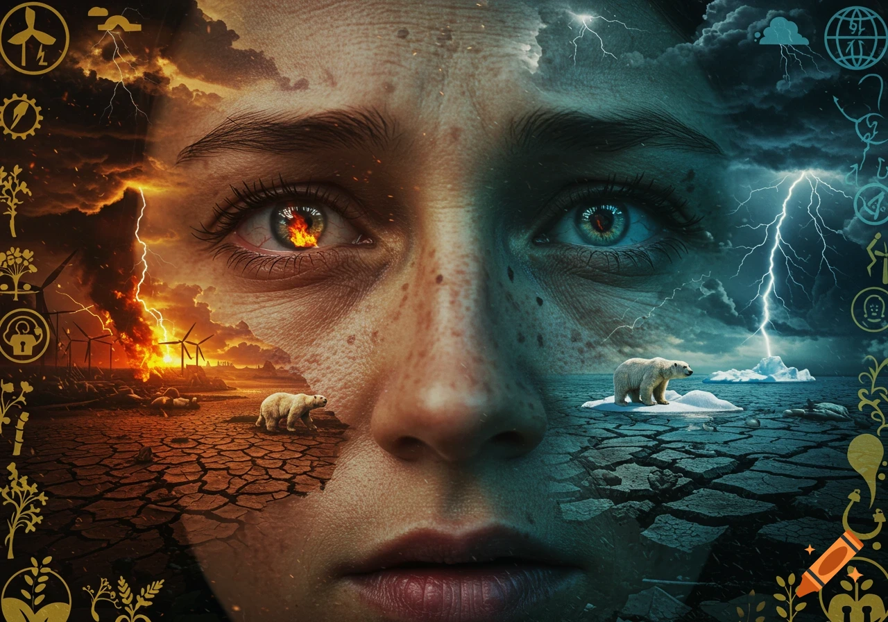 A woman's face split, one side fiery drought, the other icy storm, with polar bears and environmental symbols.