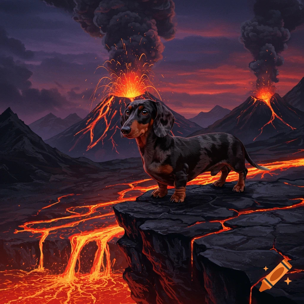 A black and brown dachshund stands on a rocky cliff overlooking a landscape with erupting volcanoes and flowing lava at sunset, digital art.