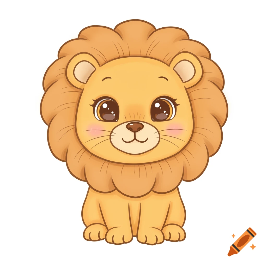 A cute cartoon lion with big eyes and a friendly smile, illustrated in a simple, clean style on a white background.