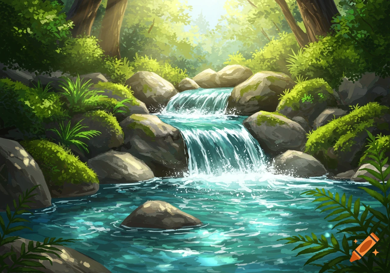 A vibrant illustration of a multi-tiered waterfall cascading over mossy rocks in a sunlit forest, flowing into a bright blue pool.