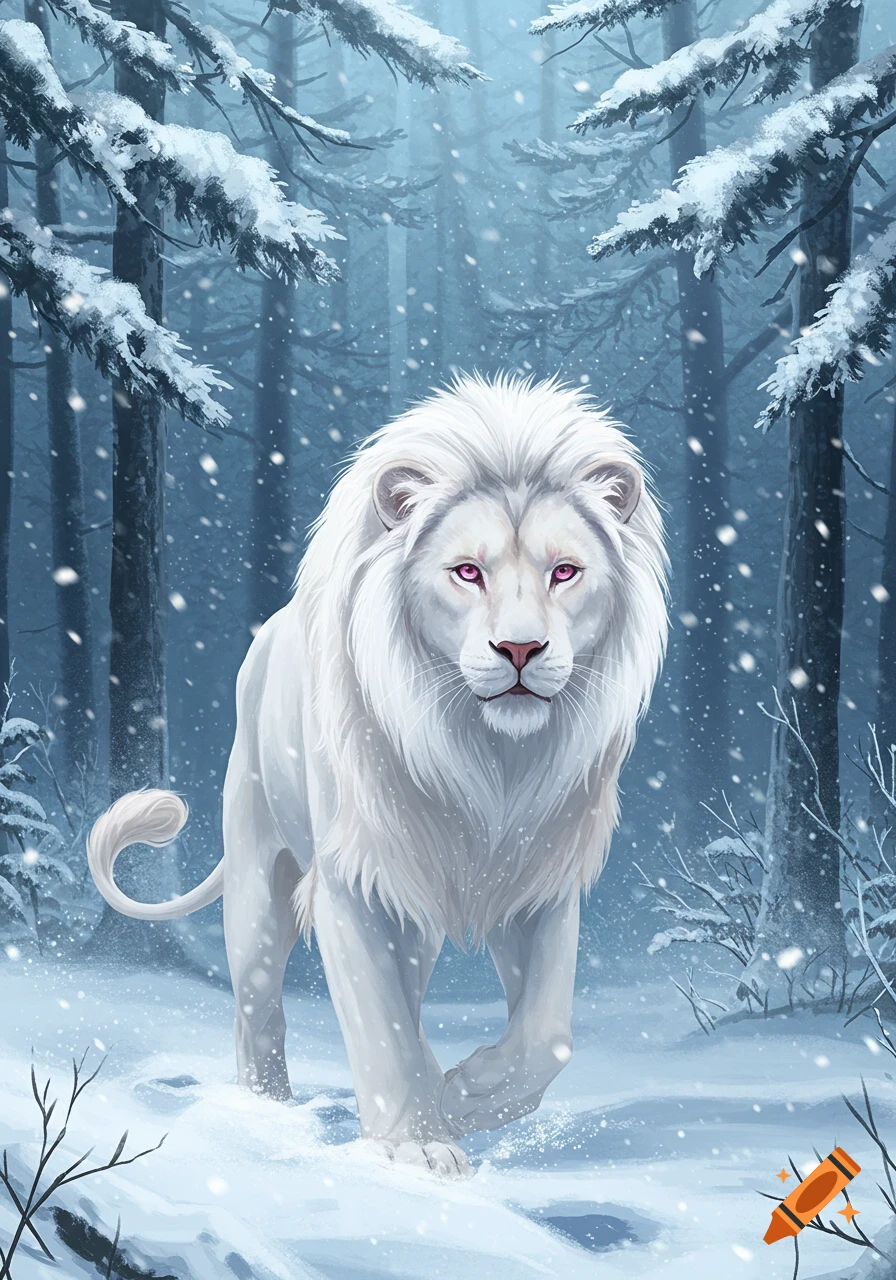 A white lion with pink eyes stands in a snowy forest during a snowfall, illustrated.