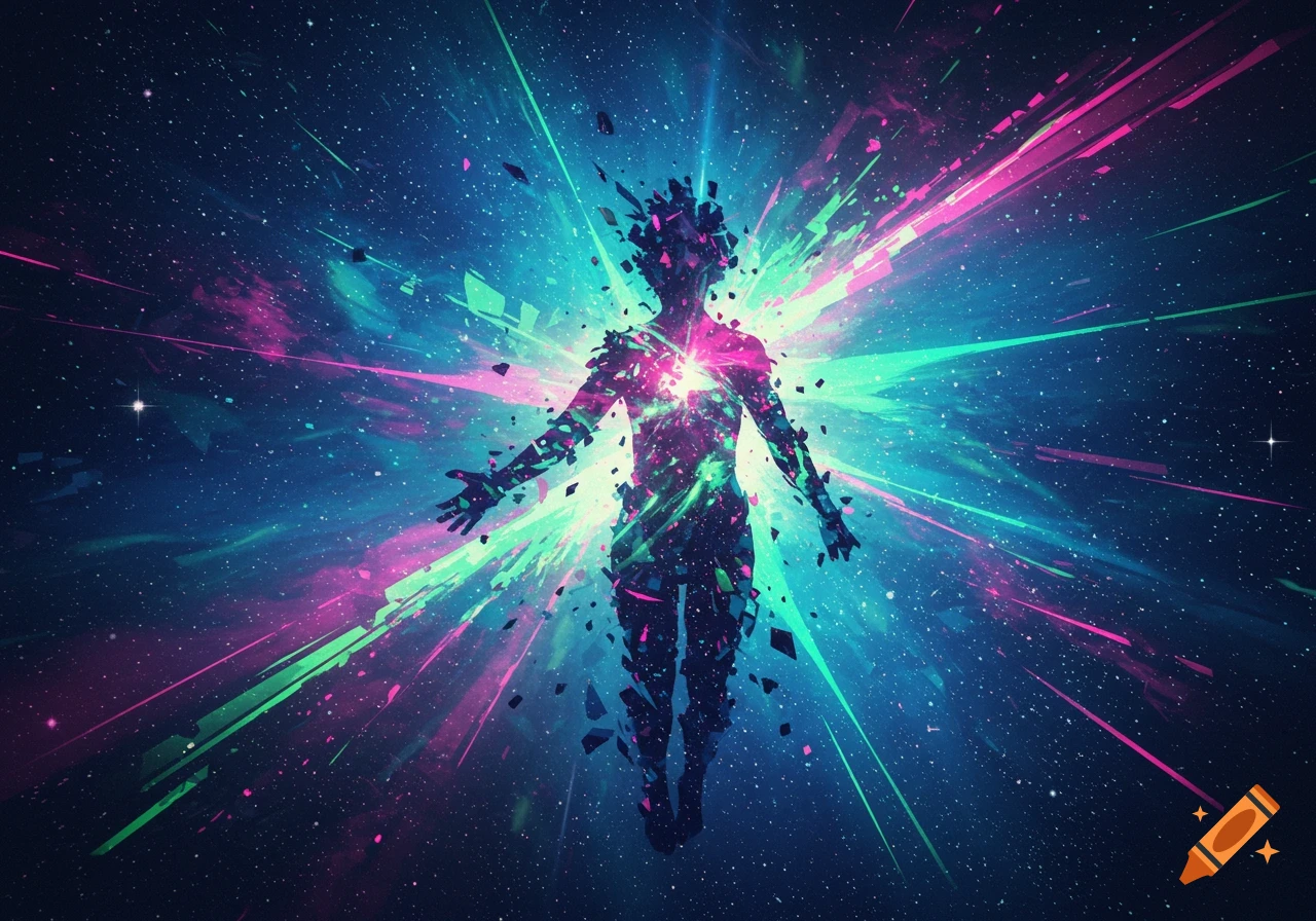 A neon-colored human silhouette shatters into vibrant light and particles against a starry cosmic background.