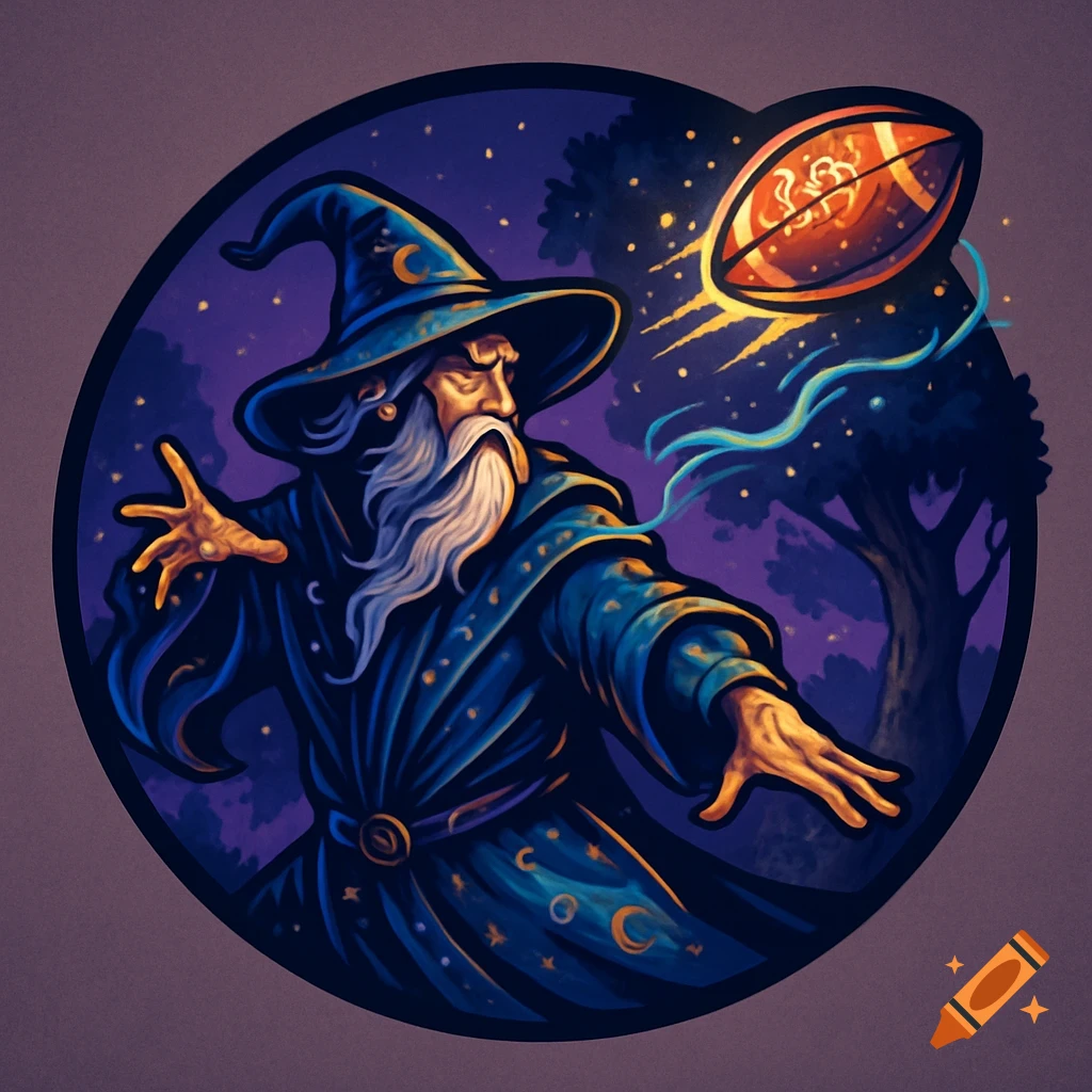 A wizard in a blue robe and pointed hat throws an American football, glowing with magical energy, against a dark, starry night sky with trees in the background. Digital art style.