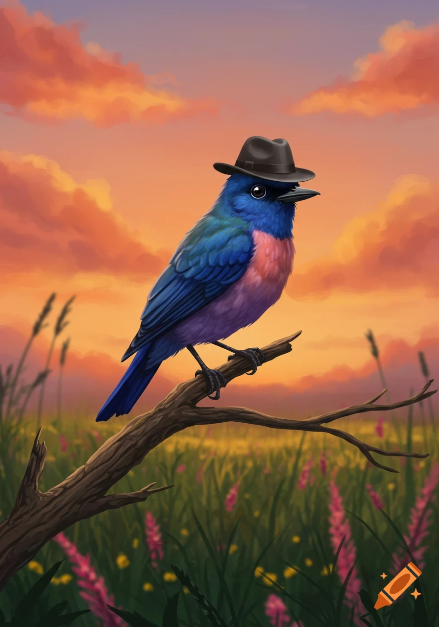 An illustration of a colorful blue and pink bird wearing a fedora, perched on a branch in a grassy field under a vibrant sunset sky.