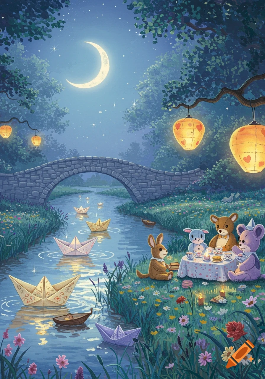 A whimsical, moonlit forest scene with an arched stone bridge over a river carrying paper boats. Teddy bears and a bunny have a tea party on the grassy bank under glowing lanterns.