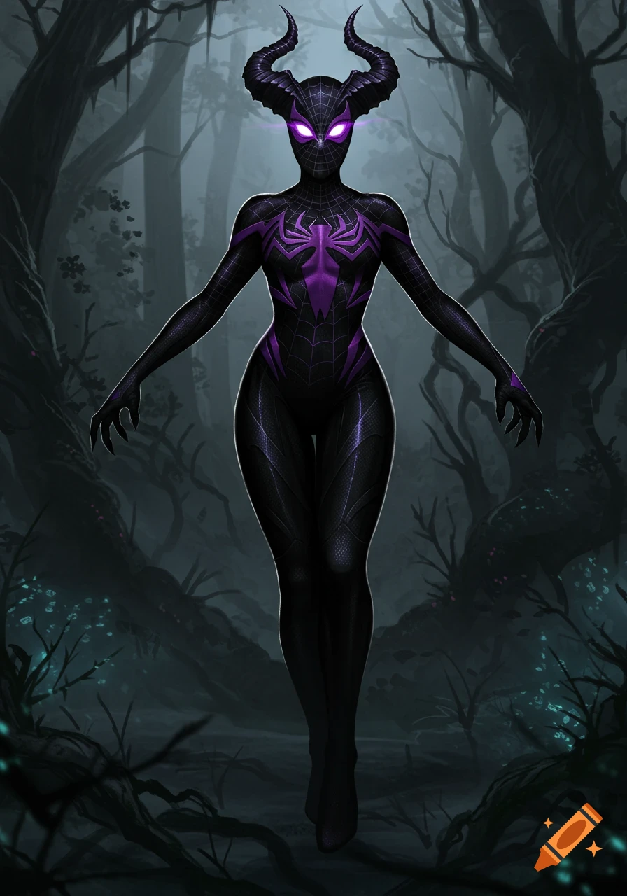 A black and purple demon Spider-Woman with horns and glowing eyes stands in a dark, misty forest, digital art.