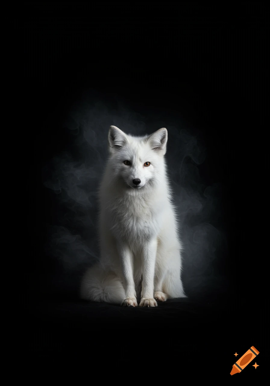 Photorealistic portrait of a white fox with golden eyes sitting on a dark, misty background.