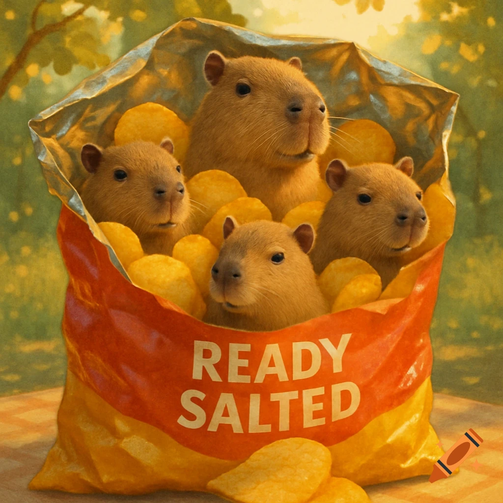 Realistic capybaras nestled inside an open packet of 'READY SALTED' potato crisps in a sunlit outdoor setting.